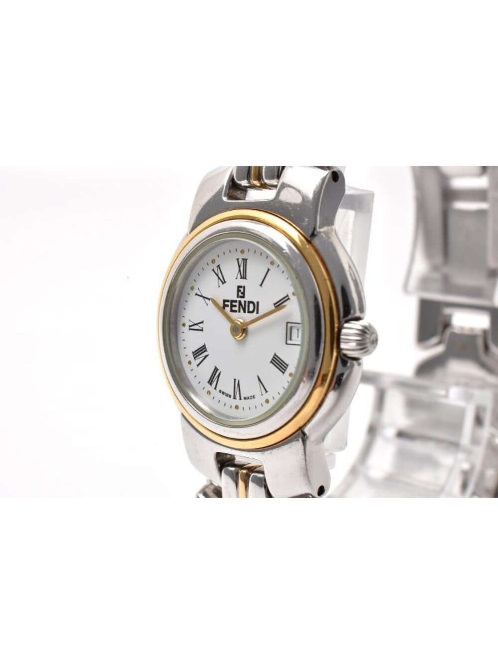 Fendi Quartz Watch White Dial Roman Numeral Date Stainless Steel 25.6 Vintage
